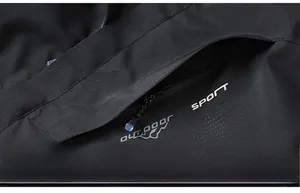 Detail of waterproof outdoor jacket showing a zip pocket and mountain logo print
