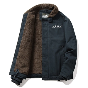 Men's navy blue fleece-lined tactical deck jacket with ARMY print and outdoor design