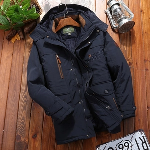 Parka uomo pesante blu marino con cappuccio e fodera in pile per l'inverno