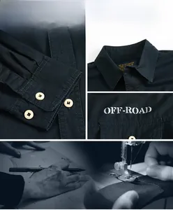 Detail of cotton work shirt featuring double stitching and OFF-ROAD chest print