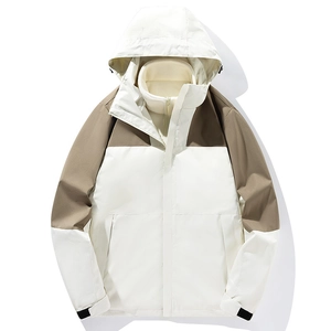 Men Women 3 In 1 Outdoor Jacket Windproof Waterproof Hooded Color Block Mountain Climbing Fleece Liner Casual Couple Coat