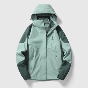 Outdoor waterproof 3-in-1 jacket with green color blocking and warm fleece inner