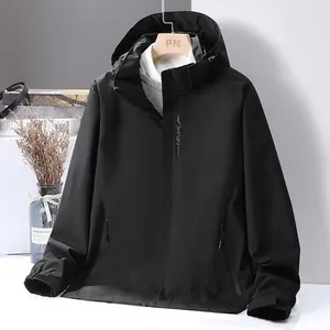 Unisex black lightweight hooded outdoor jacket with zipper pockets for spring and autumn