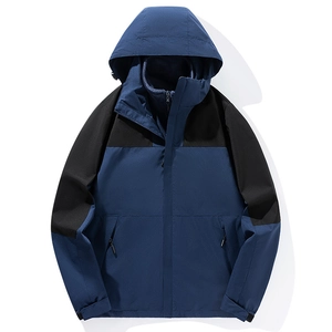 Outdoor waterproof hooded color-block jacket in navy blue and black with fleece lining