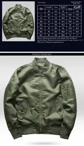 Detailed sizing chart and measurements for the men's vintage solid military cargo jacket