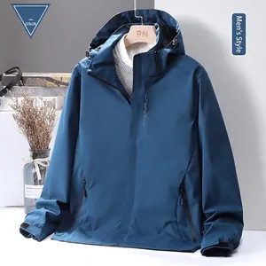 Men's dark blue outdoor hooded jacket with Explore print and windproof material