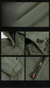 Detail of army green jacket showing adjustable drawstring hood and durable metal zipper