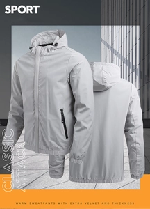 Detail view showing front and back of light grey hooded sports jacket with zip pockets