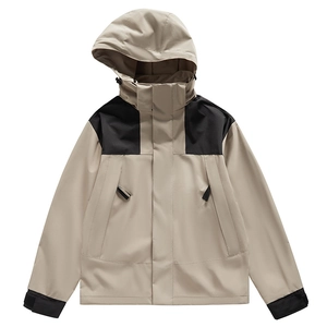 Outdoor color-block hooded jacket with waterproof windbreaker fabric for hiking