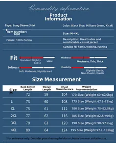 Detailed size chart for men's 100% cotton long sleeve shirt with M to 4XL measurements