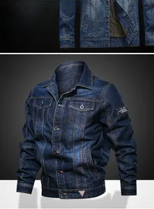 Detail view of deep blue denim jacket showing warm fleece lining and sturdy metal buttons