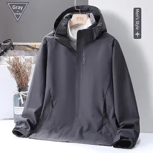 Men's grey lightweight hooded windbreaker jacket with EXPLORE chest print for outdoor wear