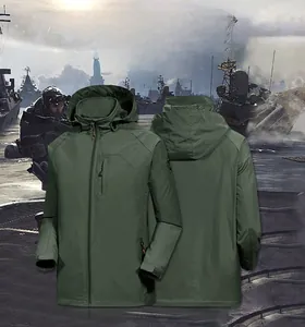 Detail view of a men's dark green windproof hooded jacket with tactical zip pockets