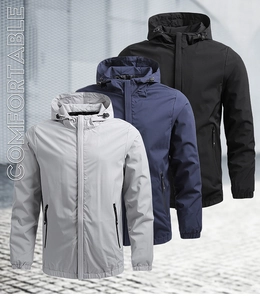 Three men's hooded windbreakers in grey, blue and black with zipper pockets displayed together