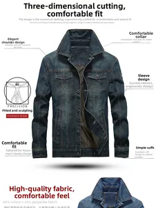 Detail view of denim jacket showing classic collar, washed texture and precise stitching