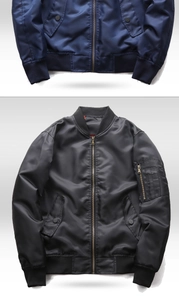 Detailed view of MA-1 bomber jacket featuring ribbed collar and sleeve utility pocket