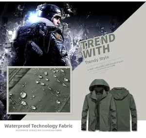 Detail view of army green tactical jacket showing waterproof fabric and hooded design