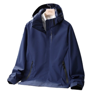 Men's navy hooded outdoor jacket with EXPLORE print and windproof material