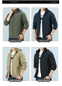 Detail view of four-color options for a men's hooded outdoor multi-pocket jacket