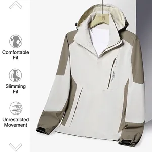 Waterproof outdoor hooded jacket with color-block design and adjustable velcro cuffs