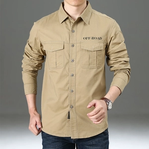 Detail of khaki cotton shirt featuring double chest pockets and OFF-ROAD embroidery design