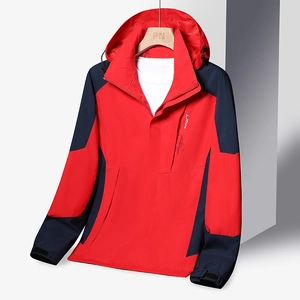 Waterproof red and blue outdoor hooded jacket with windproof fabric for hiking