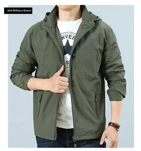 Detail of army green hooded windbreaker jacket featuring functional zipper pockets and cuffs