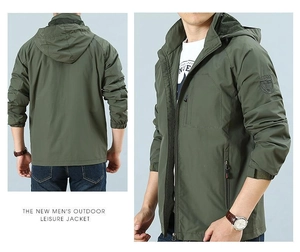 Detailed front and back views of army green windproof hooded jacket with multi-pockets