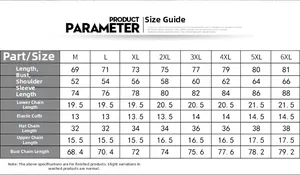 Detailed size chart for men's hooded jacket showing dimensions from size M up to 6XL