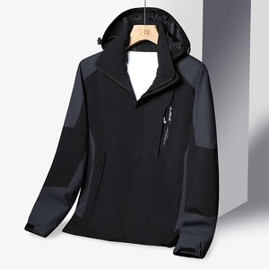 Waterproof outdoor hooded windbreaker jacket in black and dark grey functional fabric