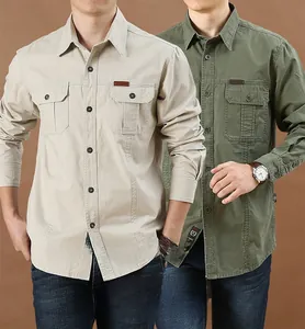 Detail of pure cotton long sleeve shirt with double buttoned chest pockets and outdoor label
