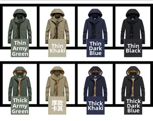 Collage showing thin and thick hooded jackets in army green, khaki, navy and black