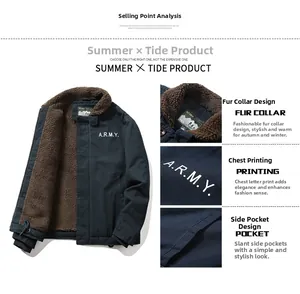 Detail view of winter bomber jacket with fuzzy fleece collar and A.R.M.Y print
