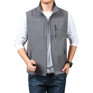 Men's dark grey quick-dry vest featuring stand collar and embroidered chest pocket detail
