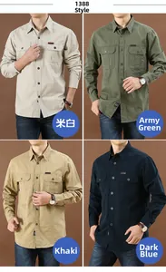 Detail view of long-sleeve cargo shirts in four colors with double chest pockets