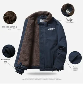 Detail view of navy flight jacket featuring warm brown fleece lining and dual windproof cuffs