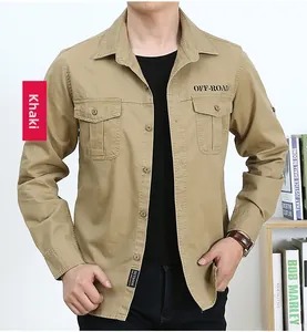 Detail of khaki cotton work shirt featuring double chest pockets and OFF-ROAD lettering