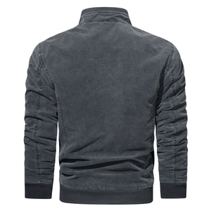 Rear view of washed charcoal cotton bomber jacket with ribbed collar and hem detail