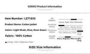 Detailed size chart and fabric specifications for men's winter cotton pilot jacket