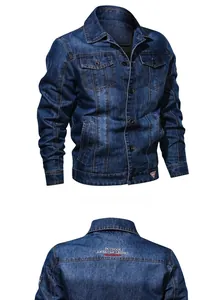 Detailed views of vintage blue denim jacket with embroidery on the back neck area