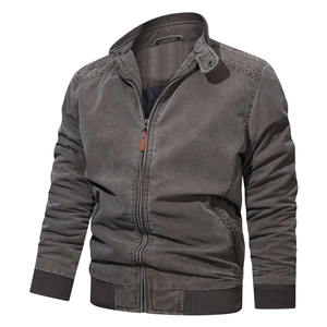 Vintage dark grey washed cotton jacket for men with stand collar and ribbed cuffs