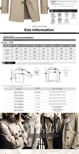 Size chart for men cotton trench coat including measurements for M to 5XL with care guide