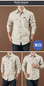 Detail of off-white long-sleeve casual shirt with double pockets and outdoor label