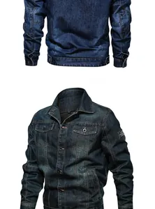 Detail view of dark blue denim jacket featuring double chest pockets and XL size label