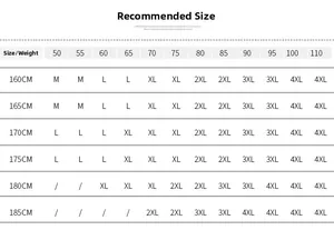 Detailed men's winter jacket size chart with height and weight recommendations from M to 4XL