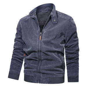Men's vintage washed cotton military jacket with stand collar and ribbed cuffs in navy