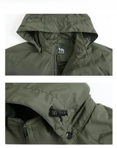 Detail view of military green outdoor jacket featuring stand collar and windproof buttons
