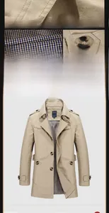 Detail of light khaki cotton trench coat with shoulder straps and blue checkered lining