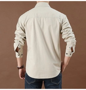 Rear view of a khaki long-sleeve cotton casual shirt with back yoke seam detail