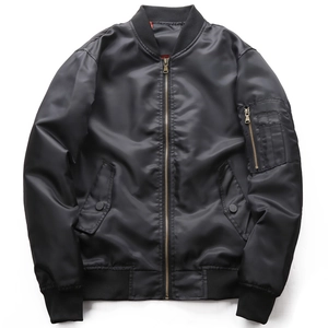 Classic black flight bomber jacket with metallic zipper and utility arm pocket